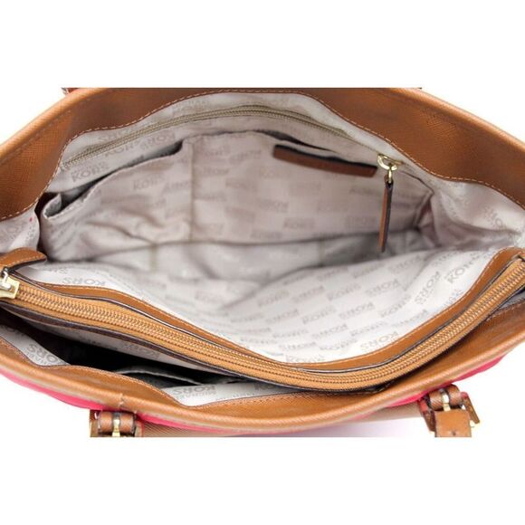 MICHAEL KORS RED NYLON CANVAS TAN BROWN GENUINE LEATHER TRIM TOTE SHOULDER BAG - Picture 8 of 14